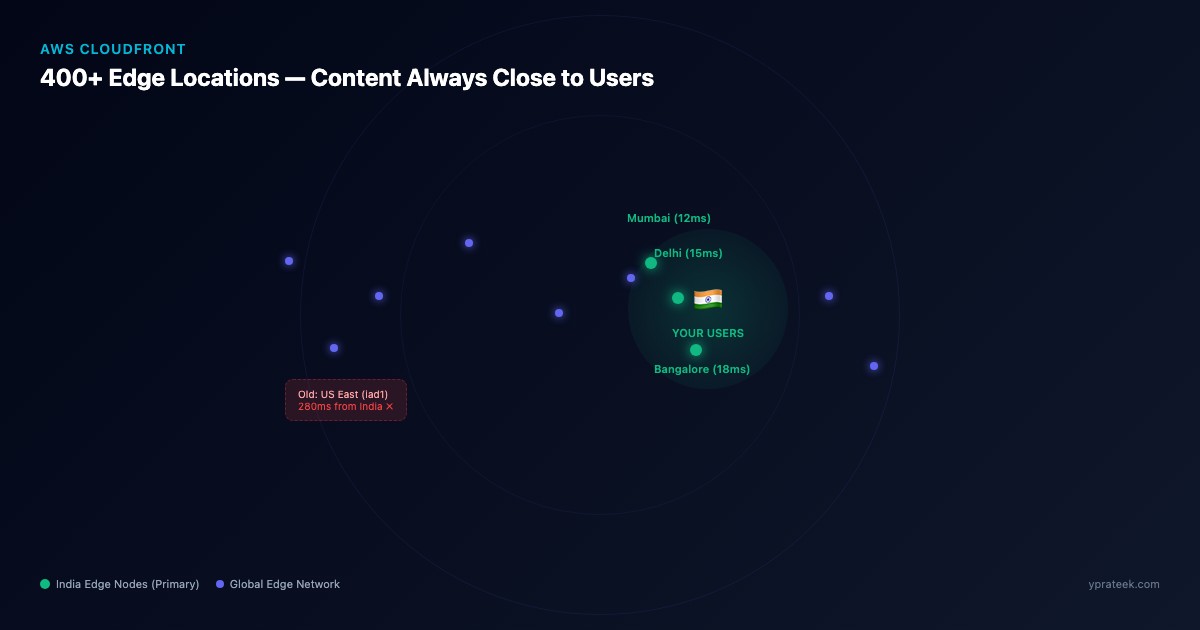 AWS CloudFront global edge network map highlighting Mumbai and Delhi edge locations