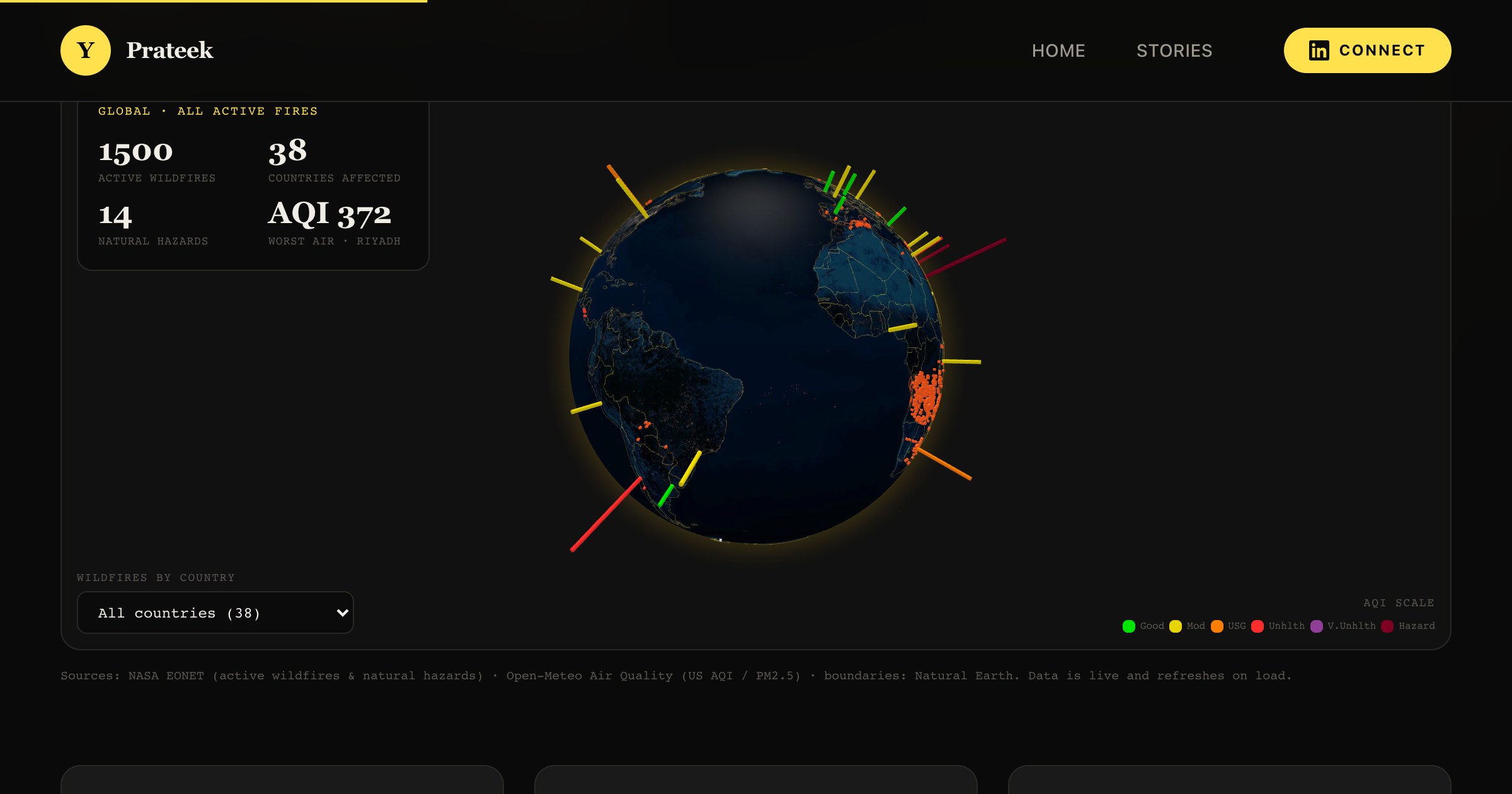 A 3D globe showing wildfires and air quality around the world